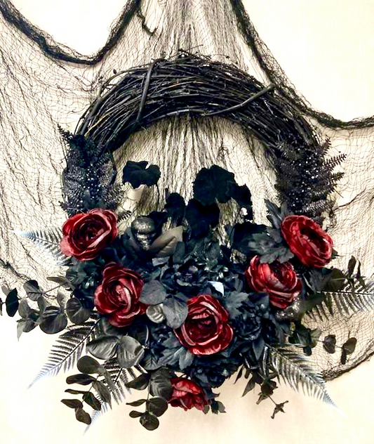 Black & Red Bloom Accent Handmade Wreath
